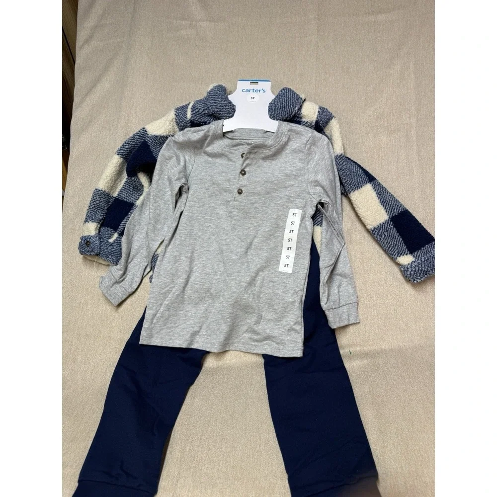 Carter's 3 Piece Pants Shirt Jacket Set Gray Navy Plaid 5T Boys